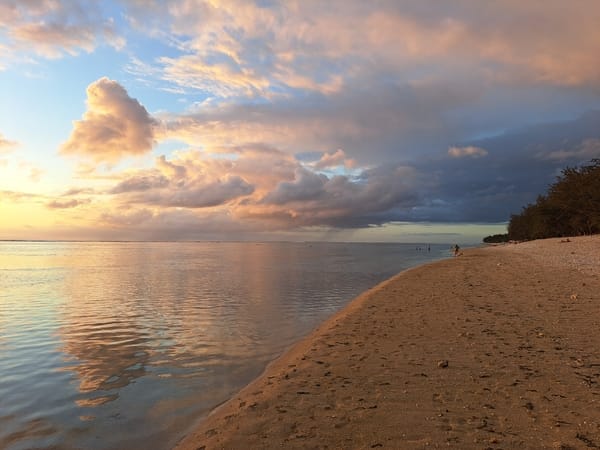 A peaceful sandy beach meets calm ocean waters reflecting a dramatic sunset sky filled with warm pink and golden clouds.