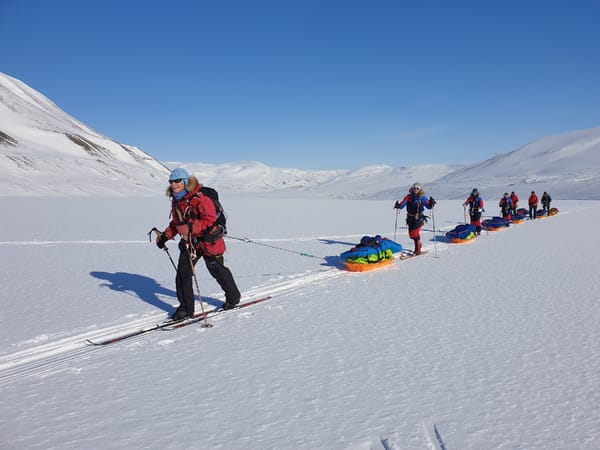 A group of skiers on a sunny winter day, pulling pulks in a line across a snow-covered landscape with mountains in the background.