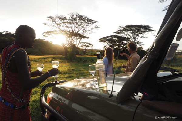 People having a glass of wine by a jeep in the sunset in the Savannah