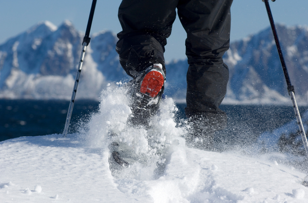 Person snowshoeing in front of ocean and mountains
