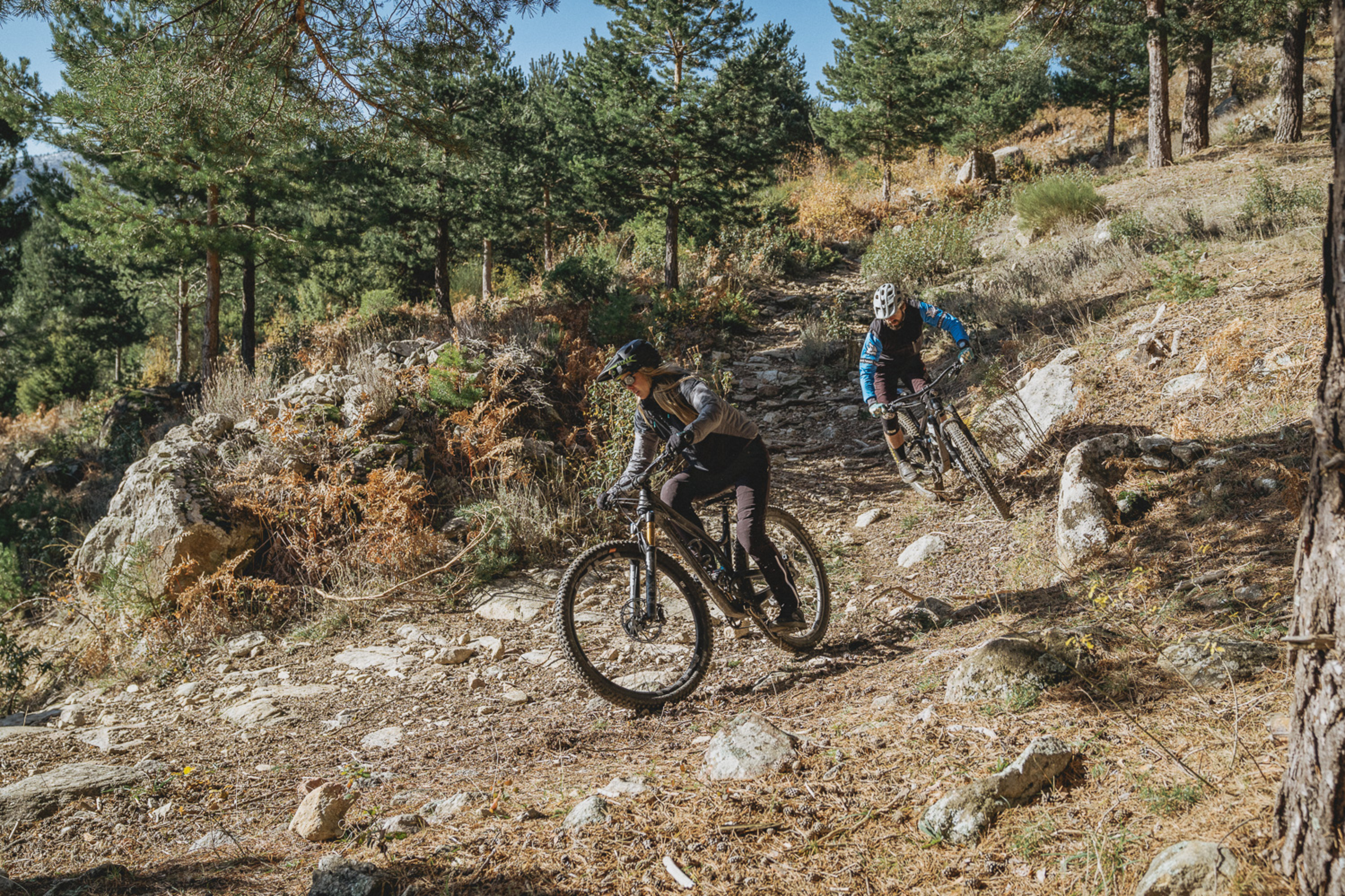 Mountain bikers riding down hill