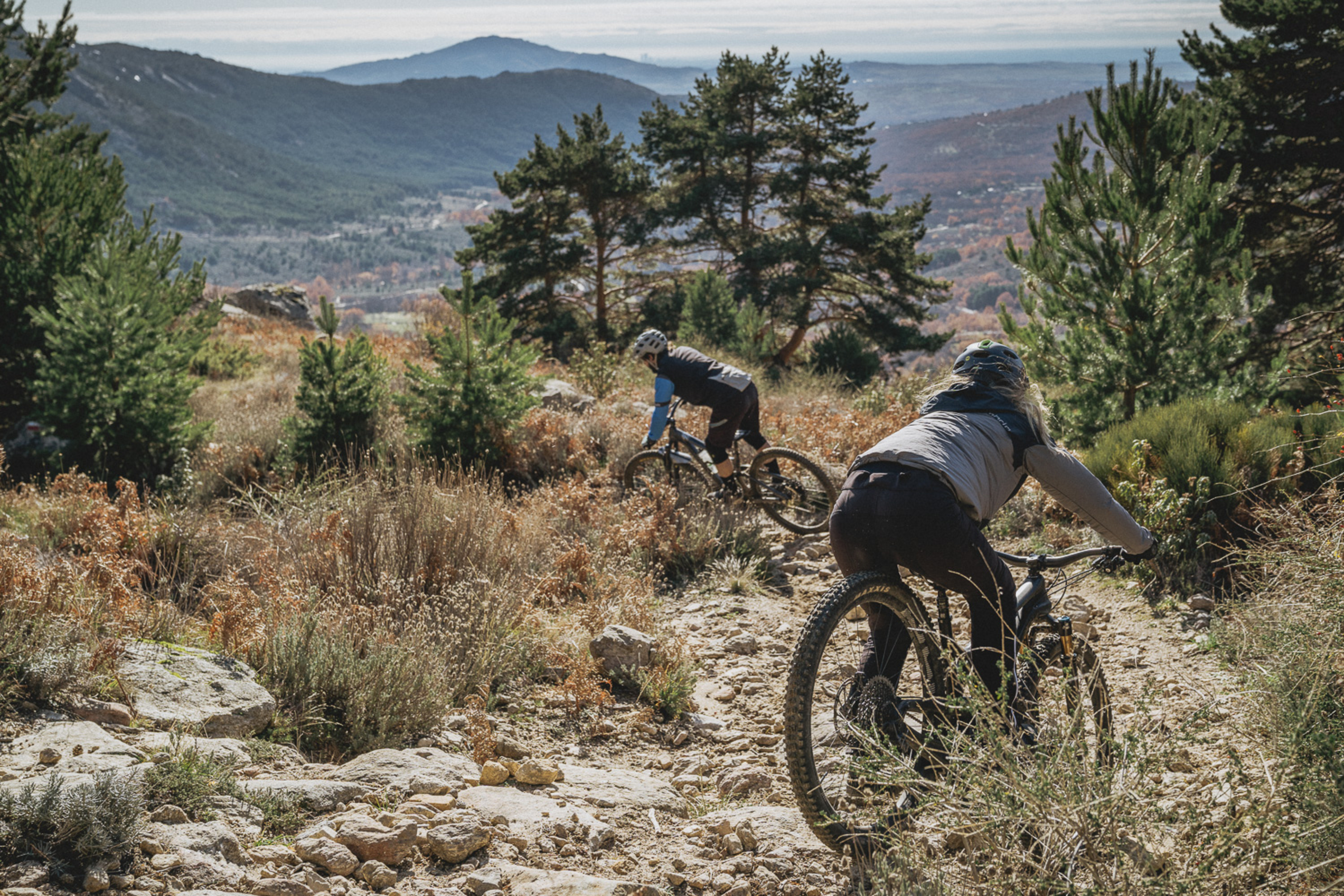 Mountain bikers riding trail