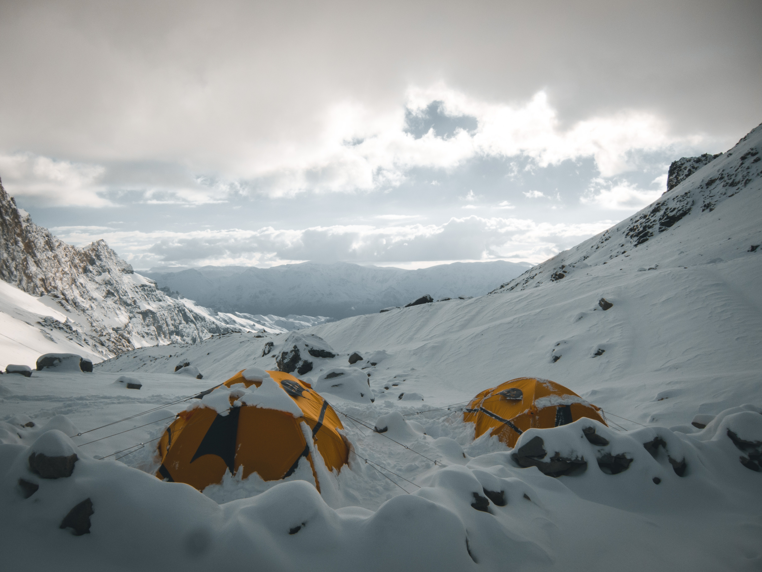 Tents in the snow on the mountain