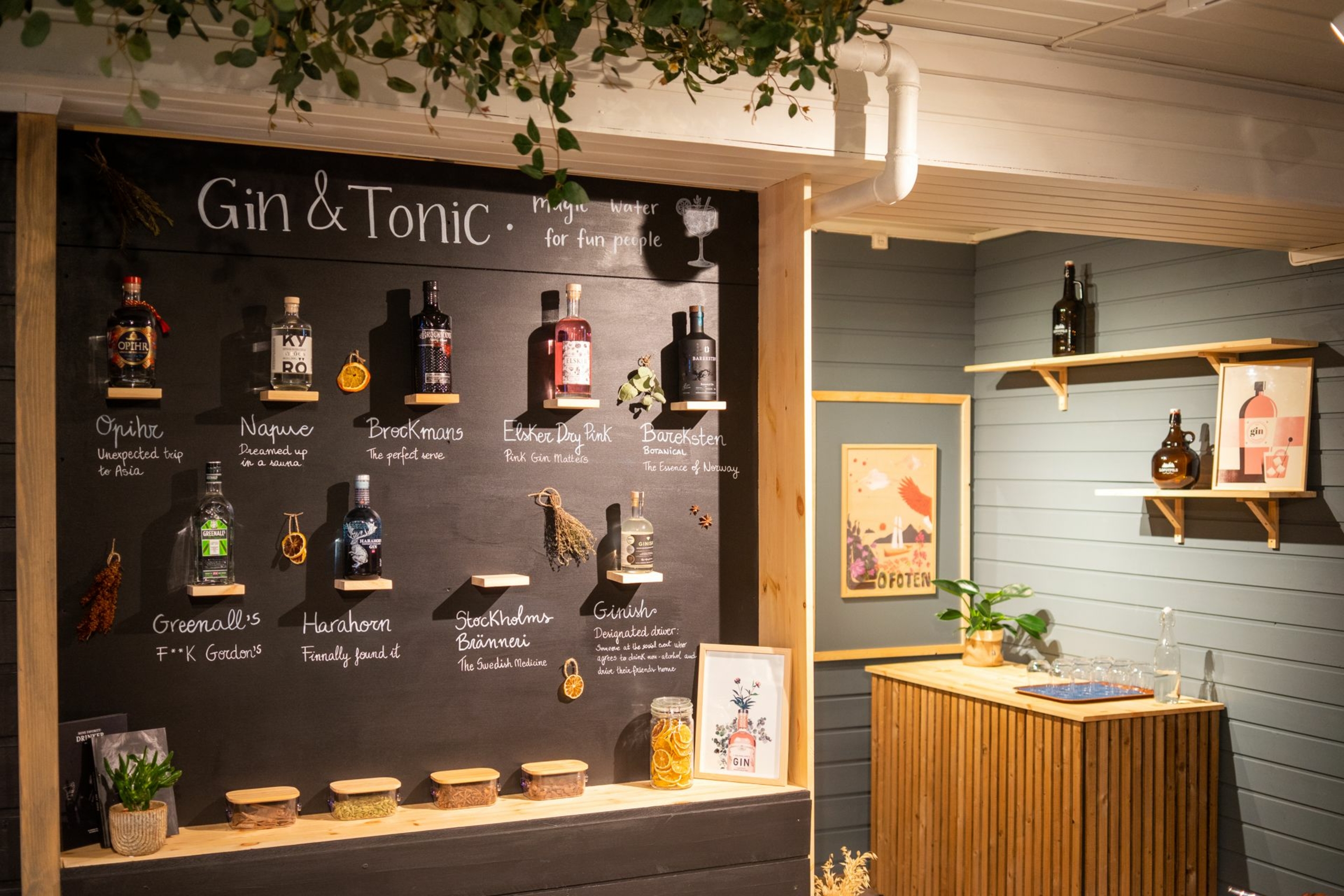 A wall showcasing gin & tonic variations
