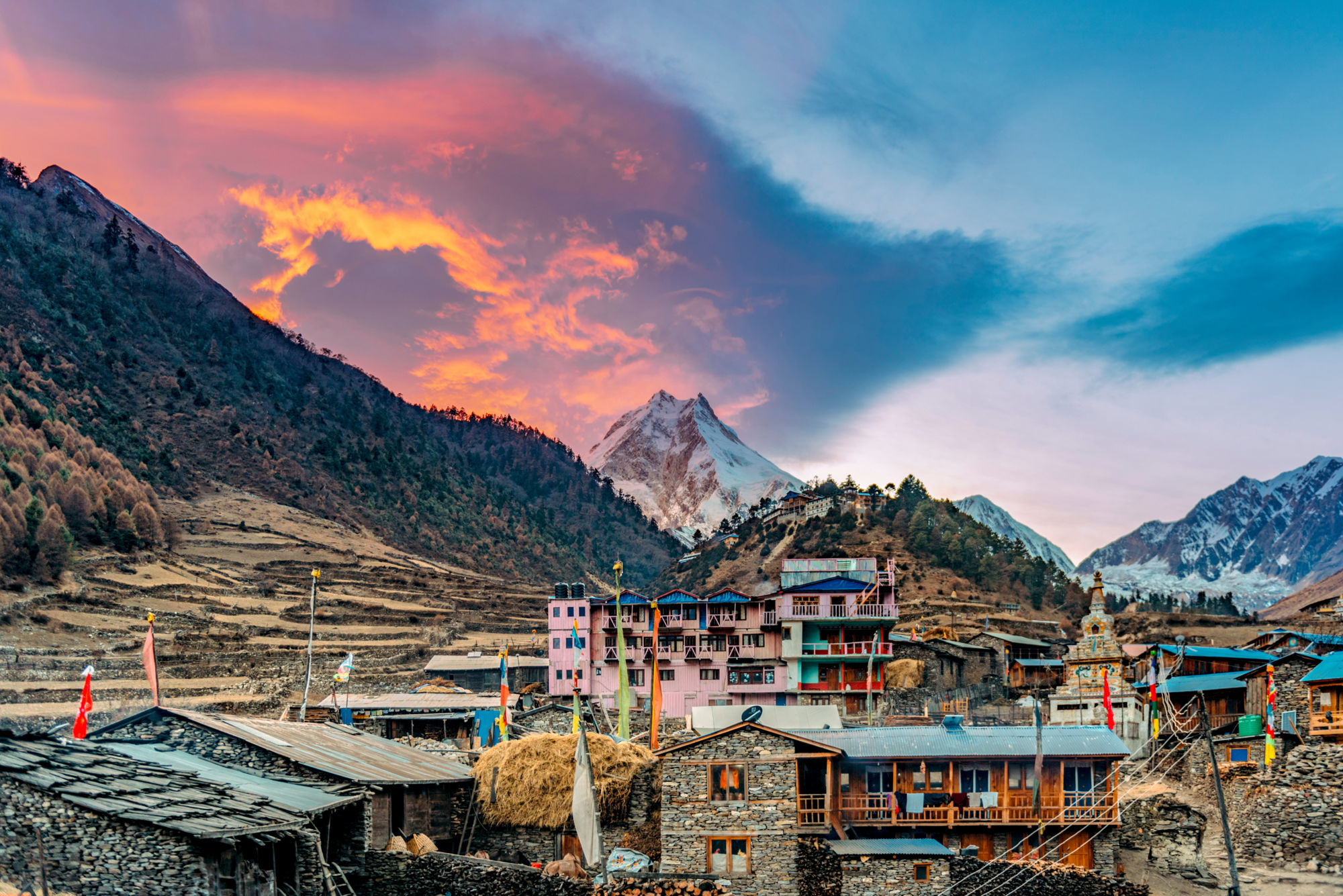 Beautiful dramatic sunset over Mount Manaslu in Himalaya mountai