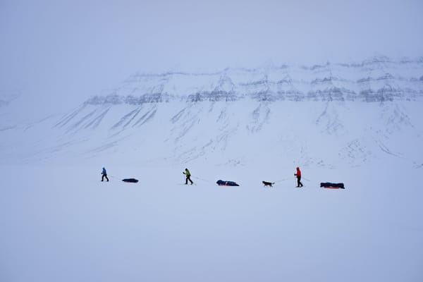 Tre skiløpere trekker lastede pulker over en vid snøslette med en hund ved siden av seg, på bakgrunn av et enormt, snødekket fjell med tydelige horisontale berglag.