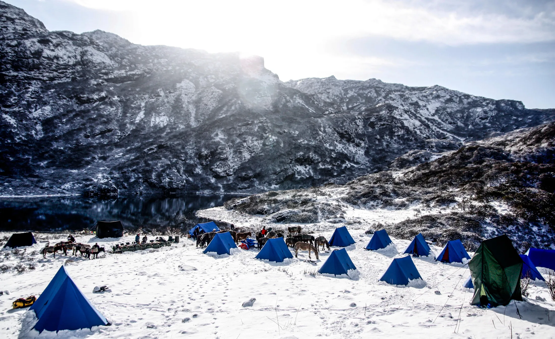 Flere telt i fjellet med fersk snø og solskinn.