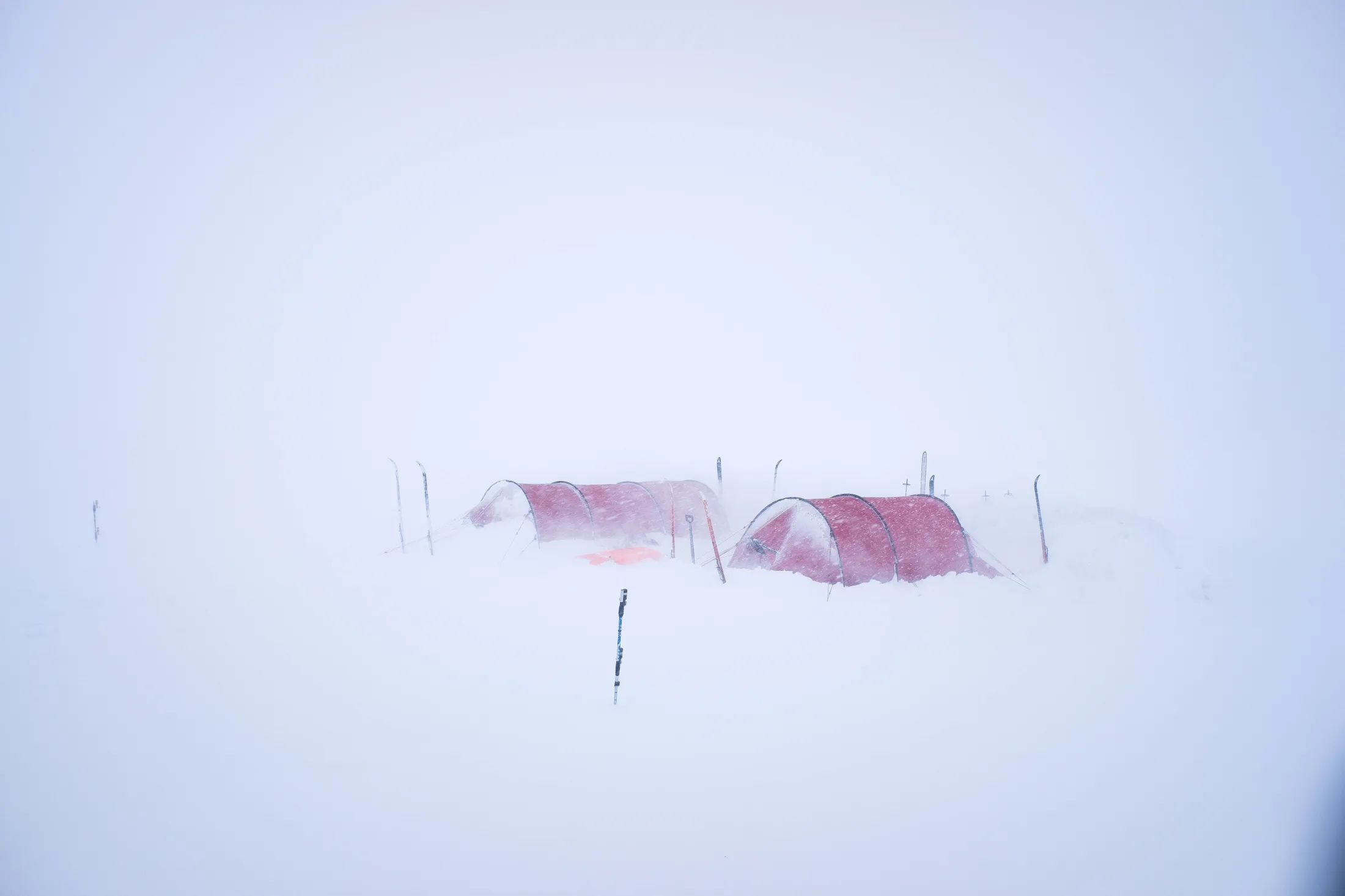 To røde tunneltelt slått opp i snøen under en kraftig vinterstorm med lav sikt og ski stukket loddrett ned i bakken.