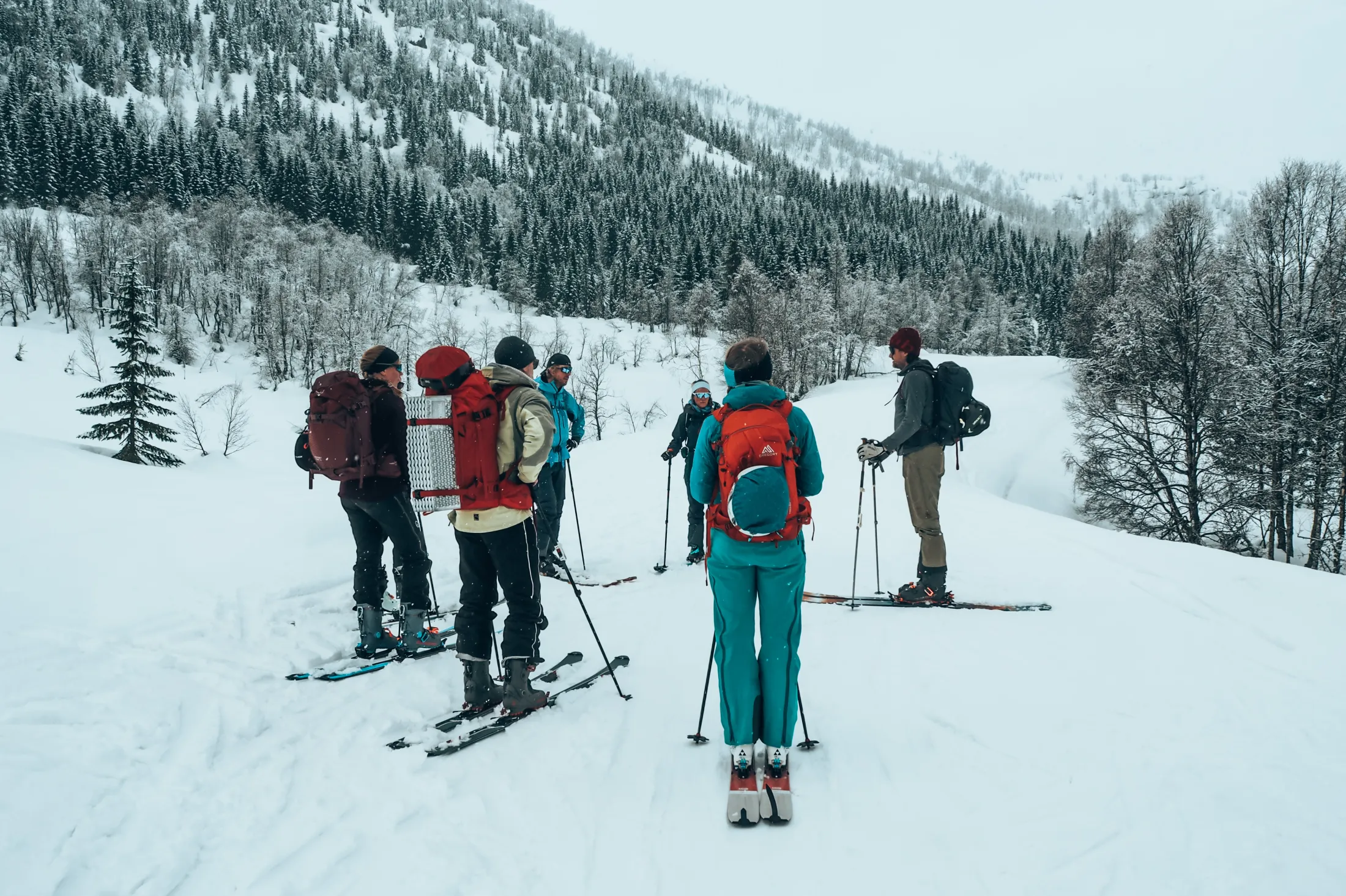 En gruppe skiturister med ryggsekker står samlet i en sirkel og snakker sammen i et snødekt landskap foran en skogkledd fjellside.