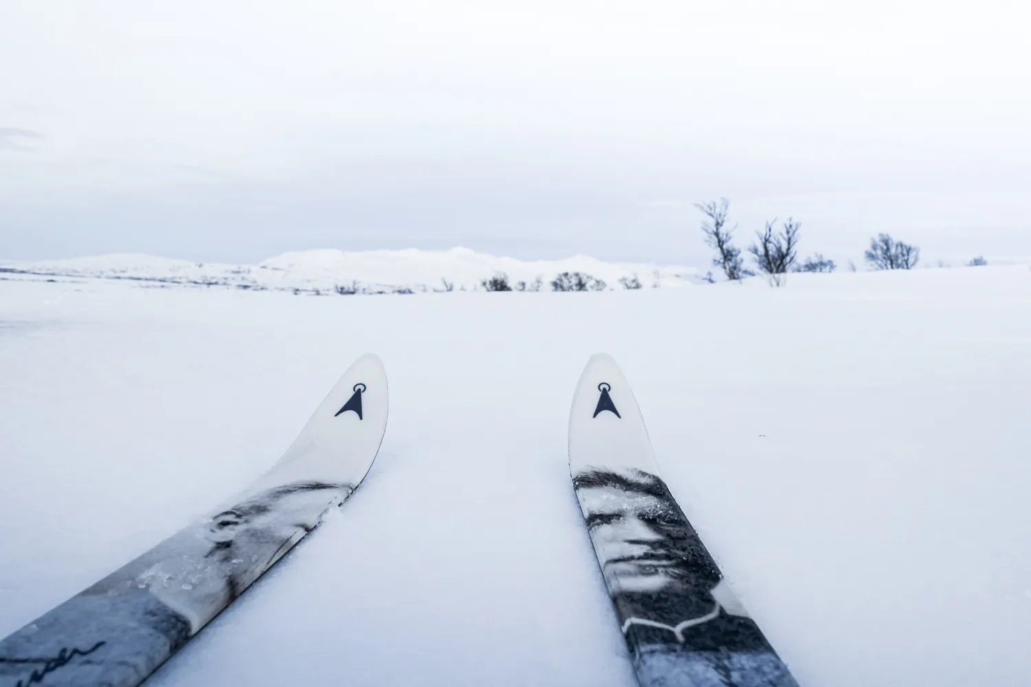 Utsikt over hvite ski med ansiktsmotiv i et snølandskap.