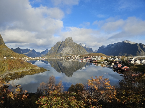 Flott utsikt over Reinefjorden i Lofoten med skarpe fjelltopper speilblankt i vannet og høstløv i forgrunnen.