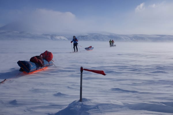 Tre skiløpere trekker lastede pulker over en vindfull snøvidde markert med en liten stikke med rødt flagg, under en blå himmel med fykende snø.