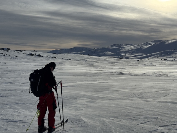 En langrennsløper står i et snølandskap under en overskyet himmel.