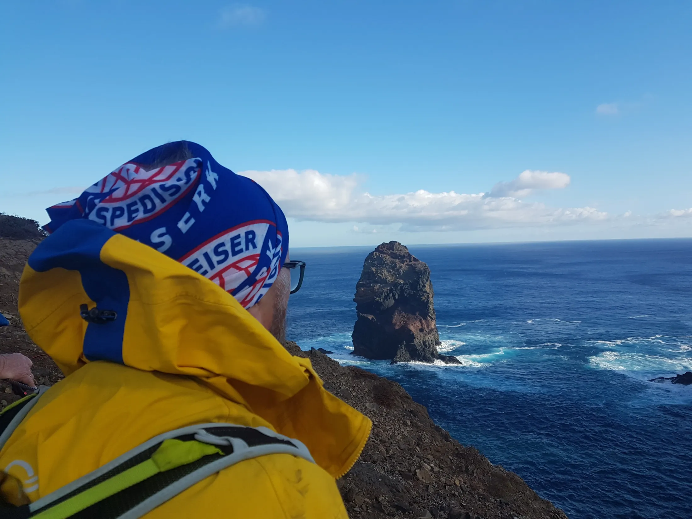 A person in a yellow jacket and blue hat looks out at the sea and a rock formation from a cliff.