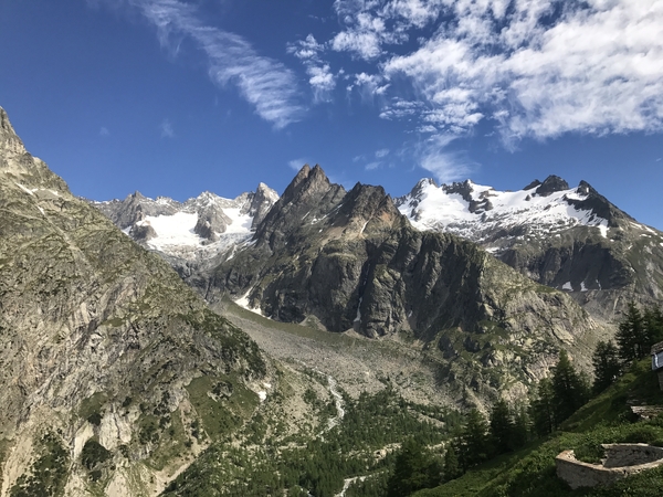 En vidstrakt utsikt over alpine, kneisende fjelltopper dekket med partier av snø og is, med utsikt over en steinete ur og en skogkledd dal under en klar blå himmel med lette slørskyer.