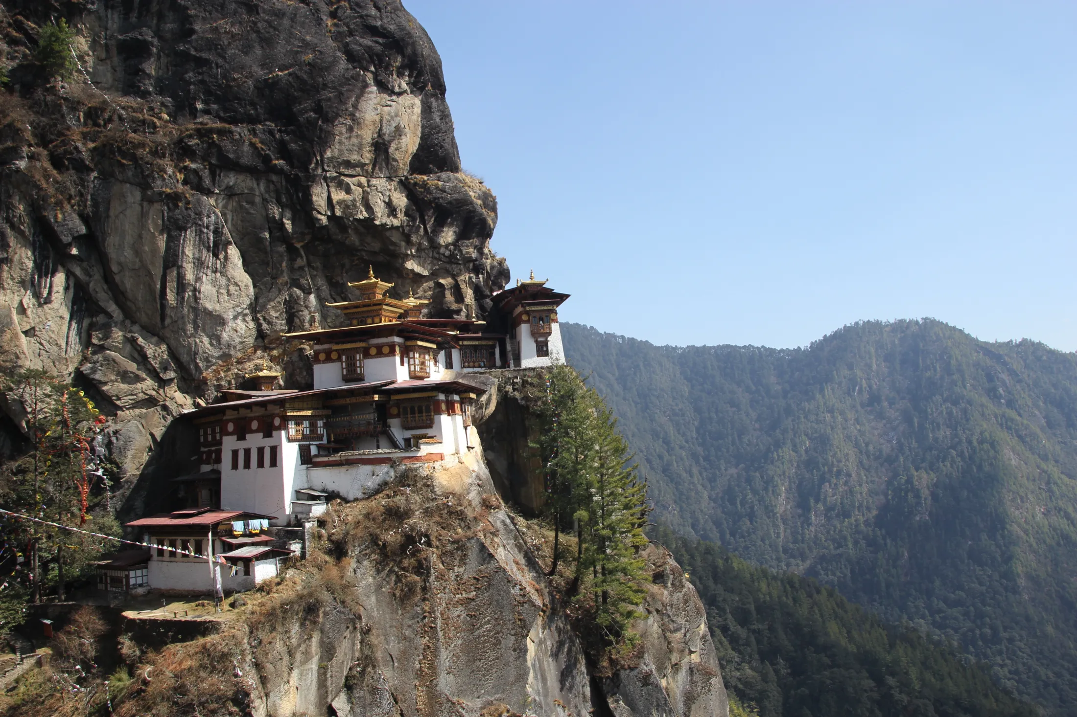 Tiger's Nest-klosteret klamrer seg dramatisk til en bratt granittklippe omgitt av skogkledde fjell i Bhutan.