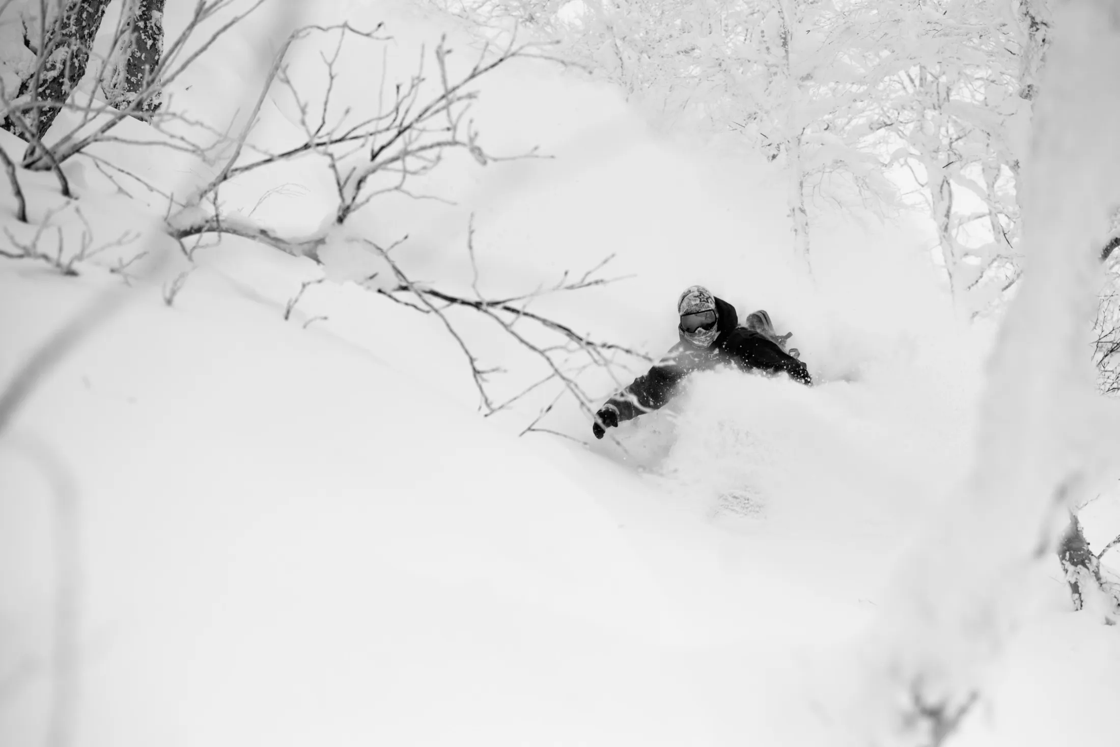 Snowboardkjører i dyp nysnø i skogen