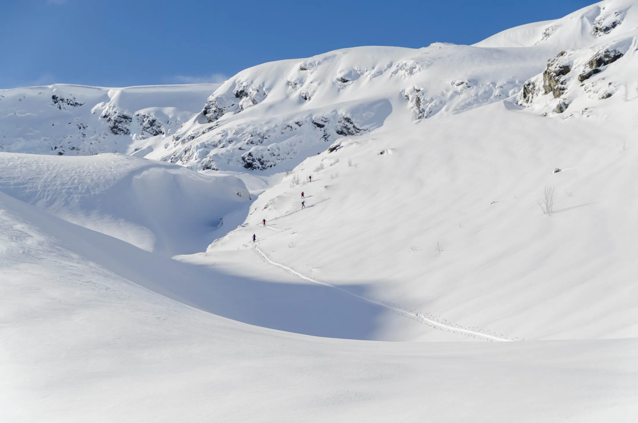 En distansevisning av en gruppe skiløpere som går på rekke oppover et vidstrakte, snødekkt fjellbasseng under en klar blå himmel.