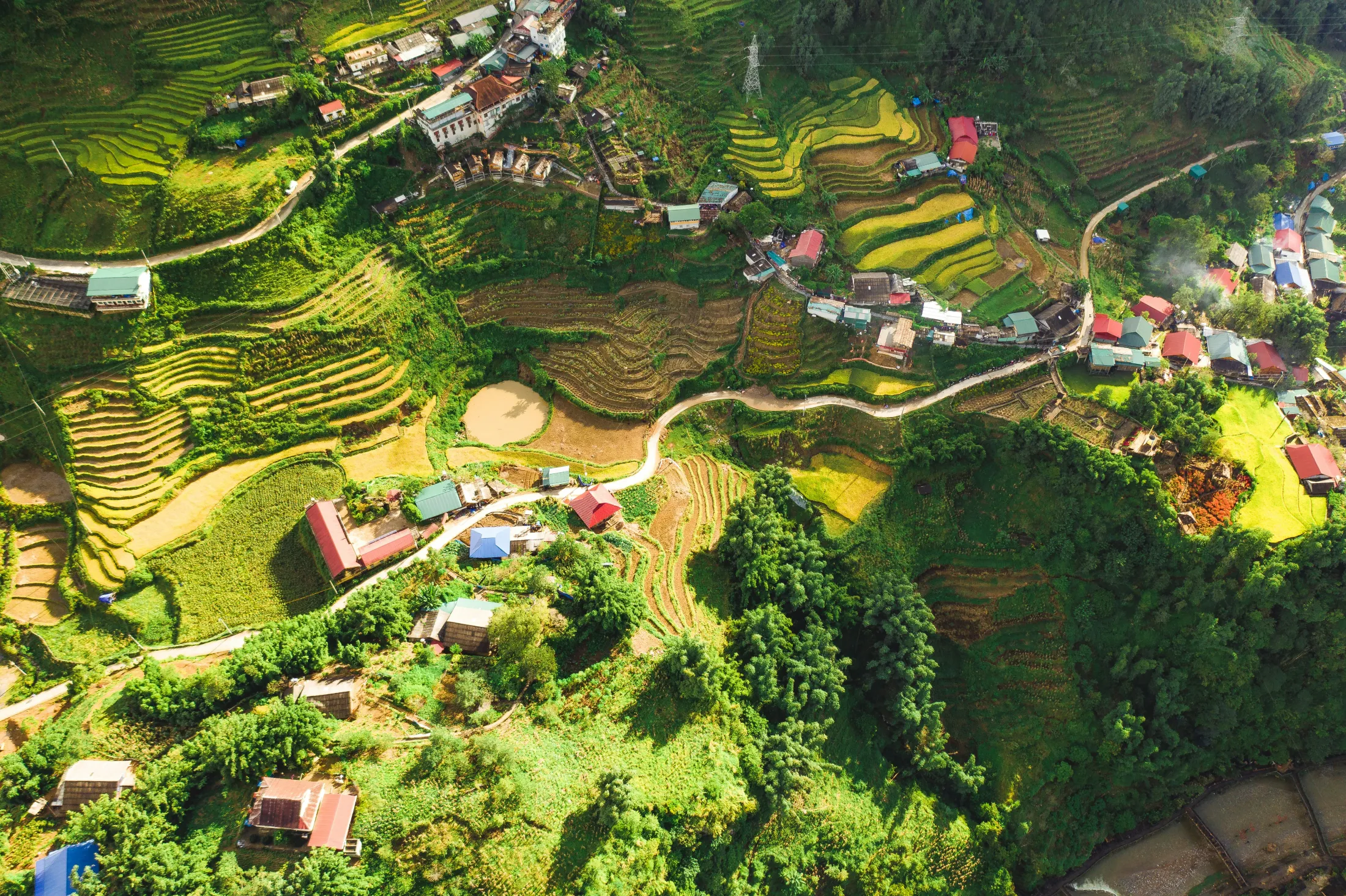 Flyfoto av en landsby i Vietnam.