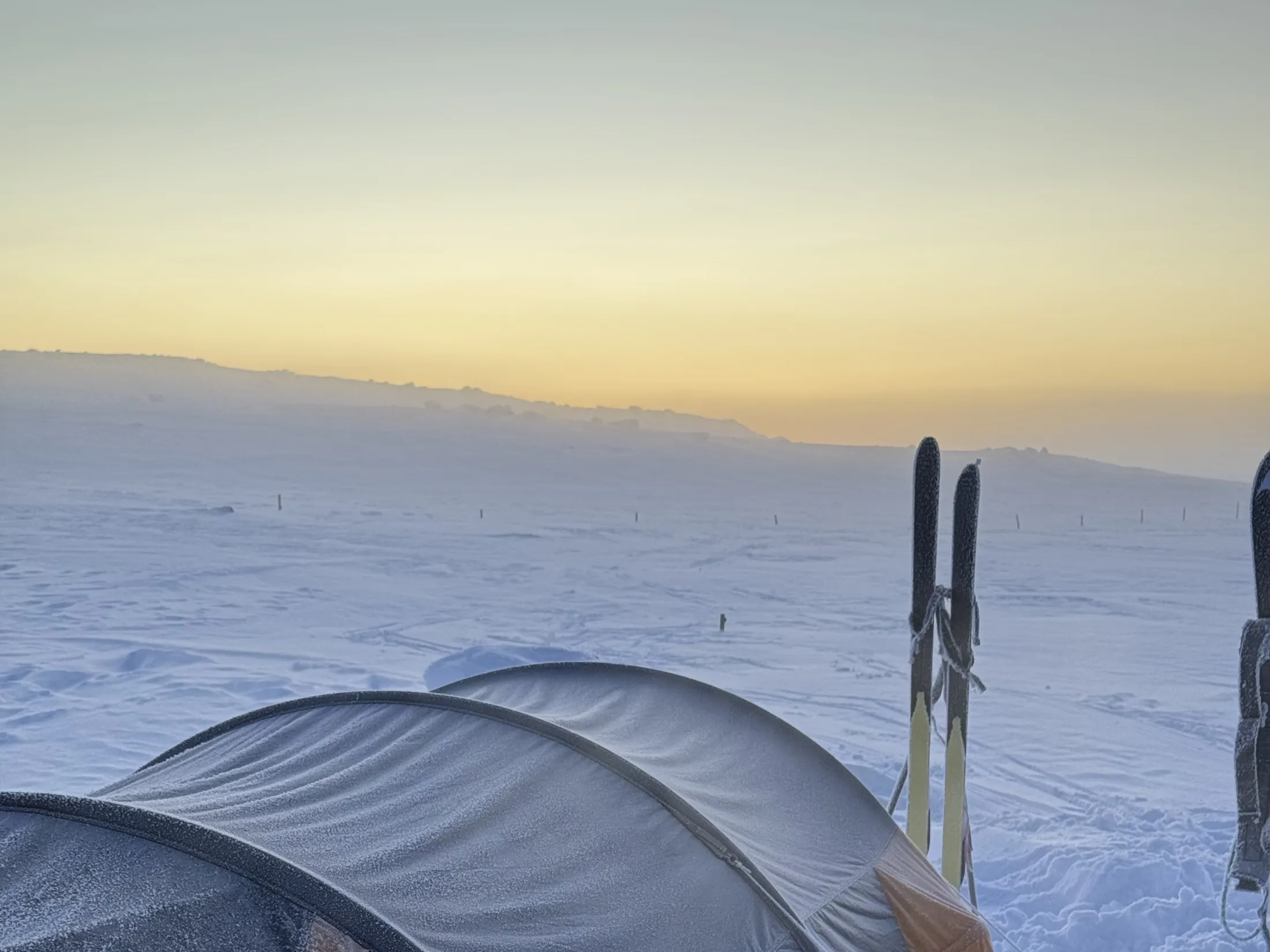 Et telt slått opp i snøen med ski stukket loddrett ned utenfor, mot et snølandskap i blekt gult skumringslys.