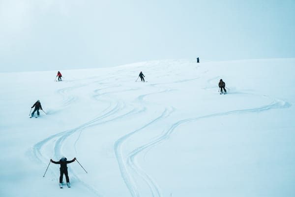 Flere skiløpere sprer seg utover og svinger nedover en vid, snødekket fjellside, og etterlater seg kurvete spor i snøen.